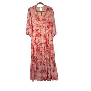 Bleecker 126 Pink Floral Long Sleeve V‎ Neck Maxi Dress Sz 14